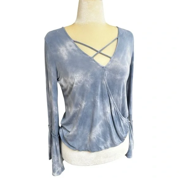 American Eagle Soft Sexy Tie Dye Bell Sleeve Crossover Top Blue Gray - Picture 2 of 14